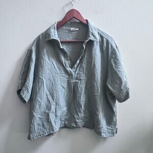 GAP Women's V-Neck Large Olive Green Cotton Loose Fitted Shirt Short Sleeve Top